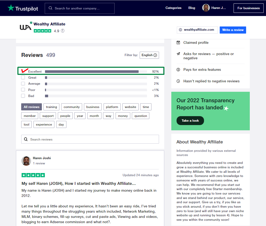 Trust Pilot's review for Wealthy affiliate