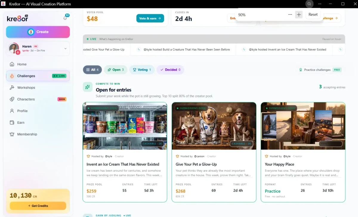 Kre8or.ai Active Active challenges theme showing active AI image competitions and prize pools