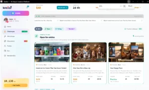 Kre8or.ai Active Active challenges theme showing active AI image competitions and prize pools