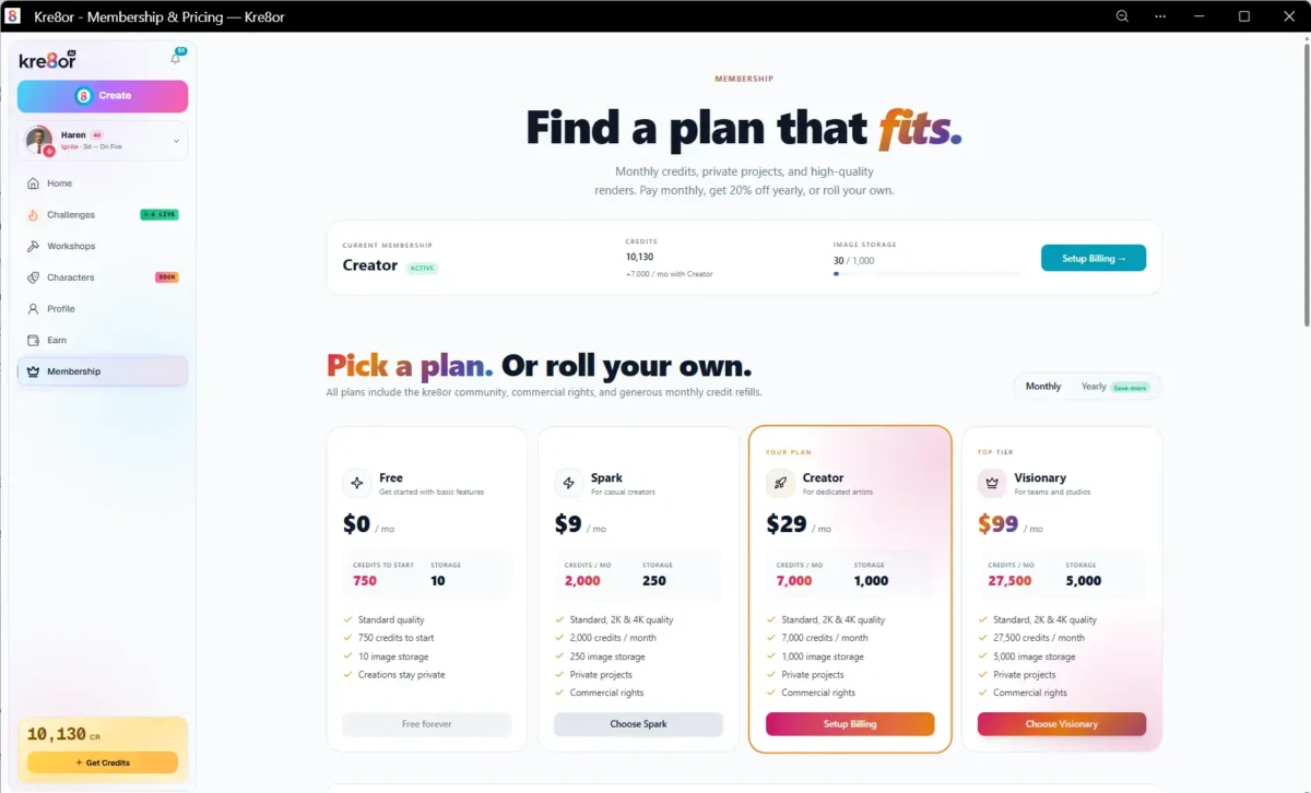 Kre8or.ai membership plans and pricing page