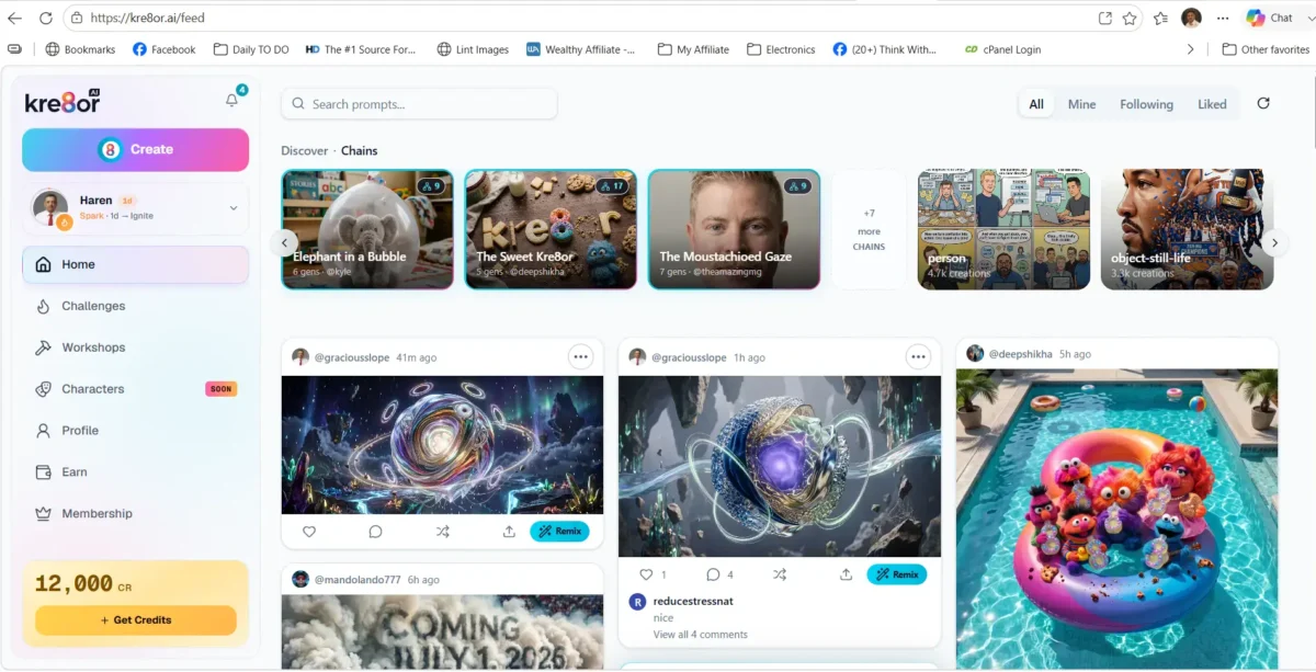 Kre8or.ai creator dashboard with AI image feed and creator tools