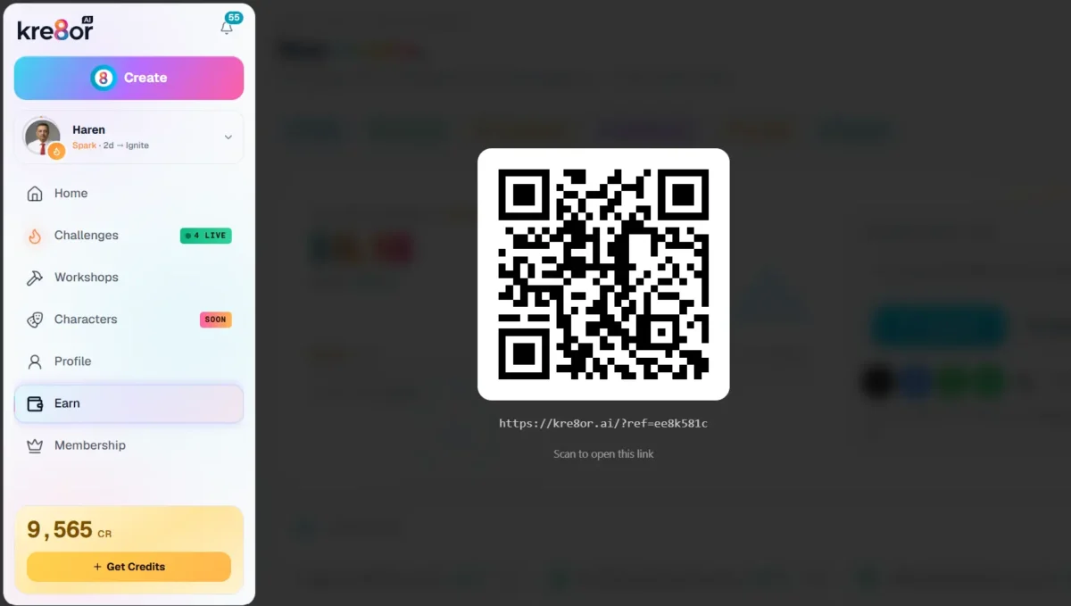 Kre8or.ai affiliate dashboard showing the automatically generated QR code for sharing a referral link.